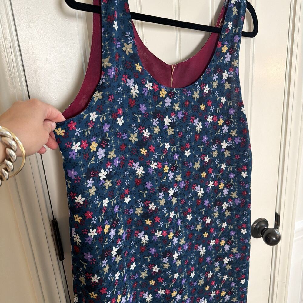 Women's Vintage 90s Reversible Floral Maroon & Blue Midi Dress - Picture 14 of 16